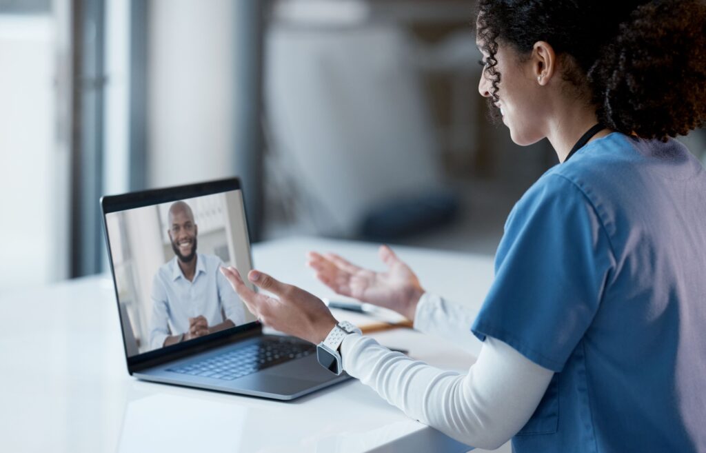 Video call, laptop and doctor consulting online, virtual healthcare or telehealth service for advic