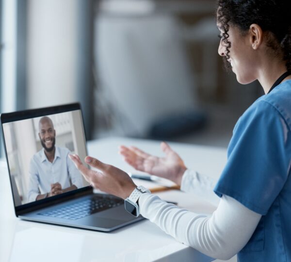 Video call, laptop and doctor consulting online, virtual healthcare or telehealth service for advic